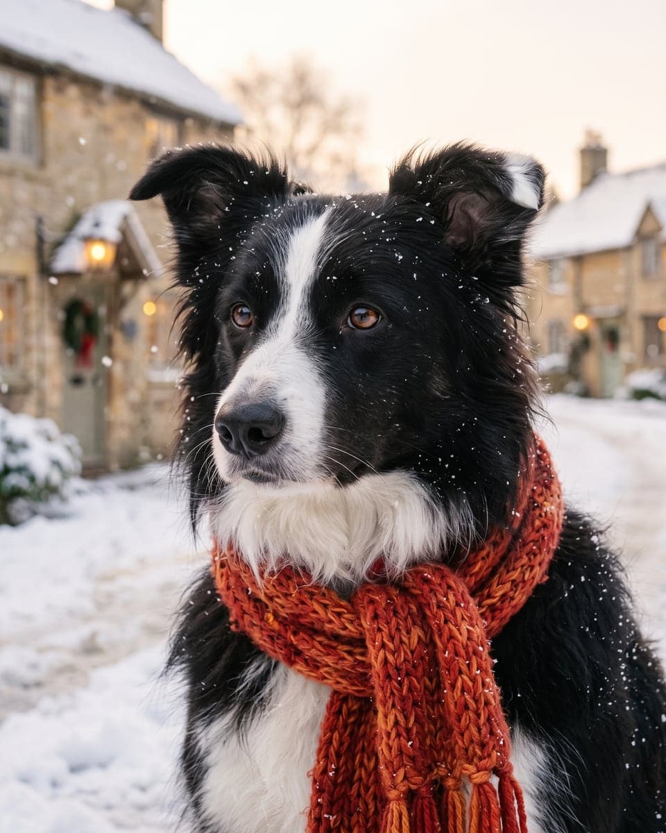 A border collie in a red scarf in a snowy village, as a Christmas photo