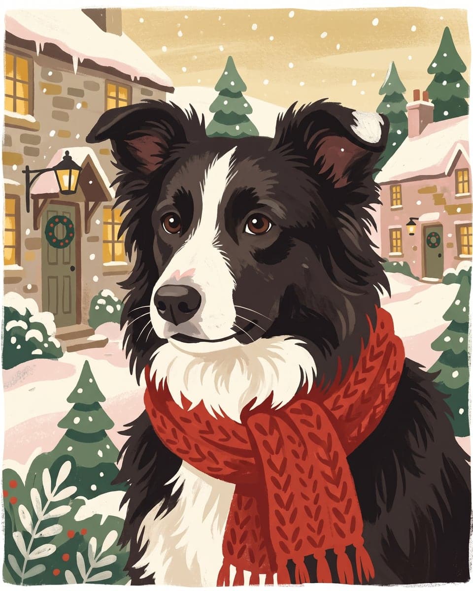 A border collie in a red scarf, painted as a storybook picture, on the front of a Christmas card
