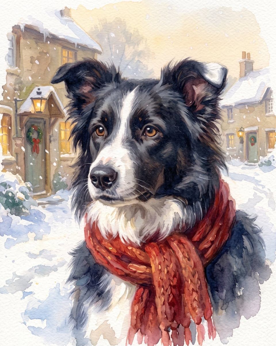 The same dog painted in soft watercolour