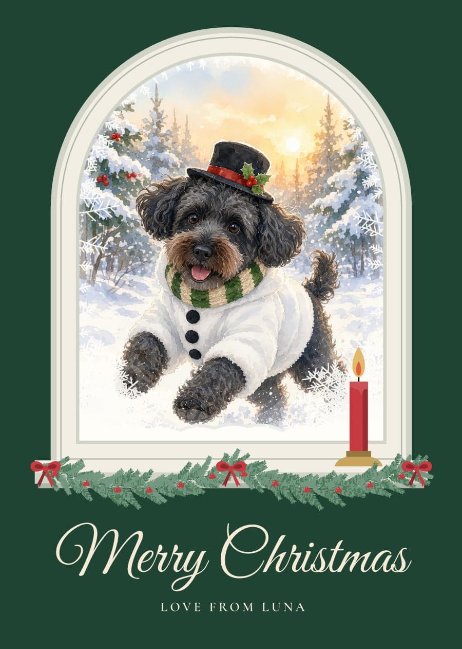 A Christmas card showing Luna, a black Schnoodle dressed as a snowman, leaping through a snowy wood, painted in watercolour inside an arched window