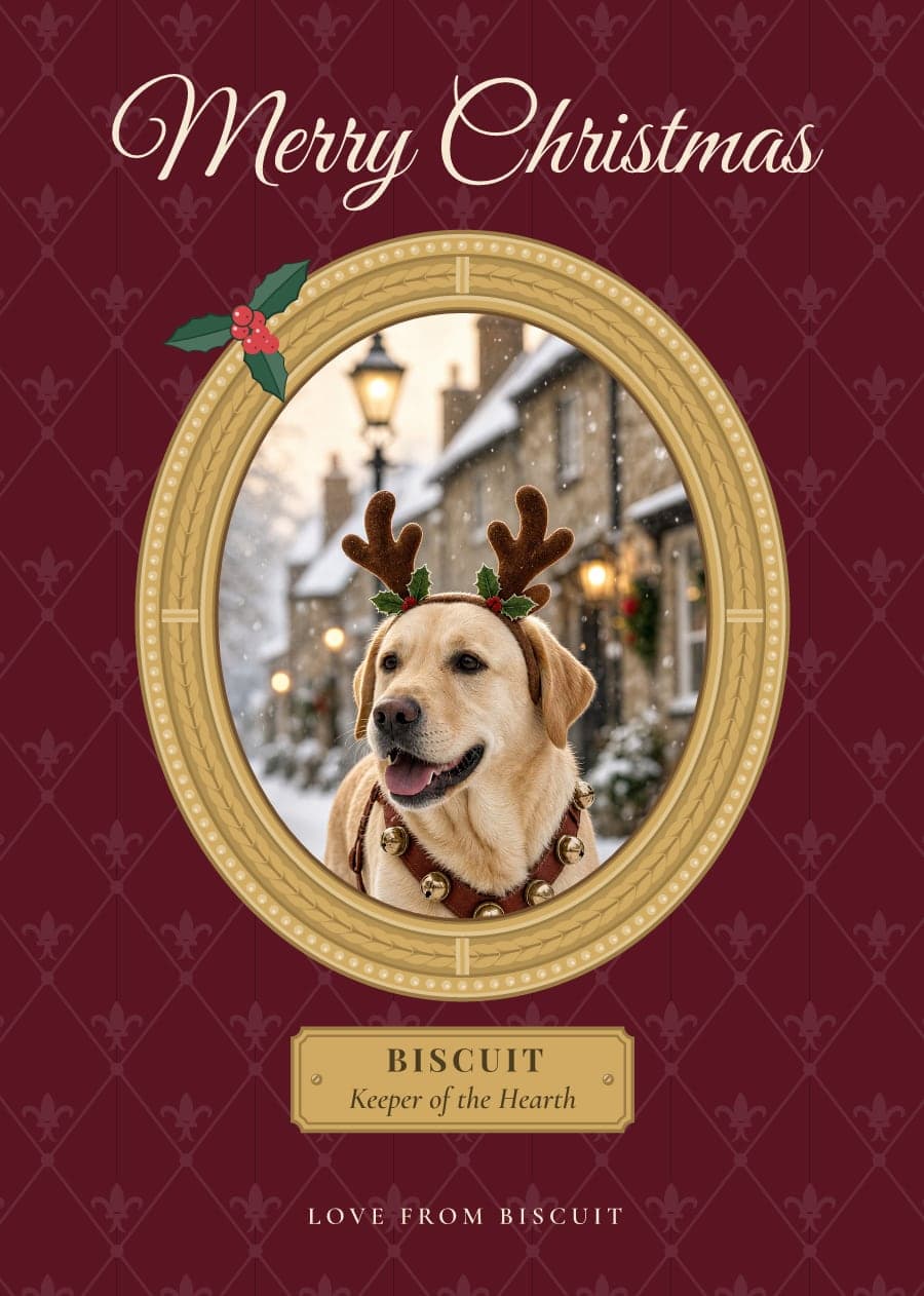 A Christmas card with a photo of a Labrador in reindeer antlers in a snowy village, in a gilded oval frame with a brass name plaque
