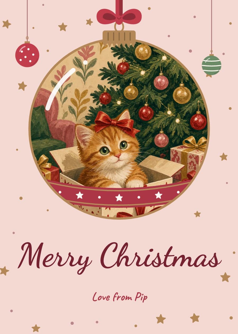 A pink Christmas card with a storybook picture of a ginger kitten in a present box, inside a big bauble