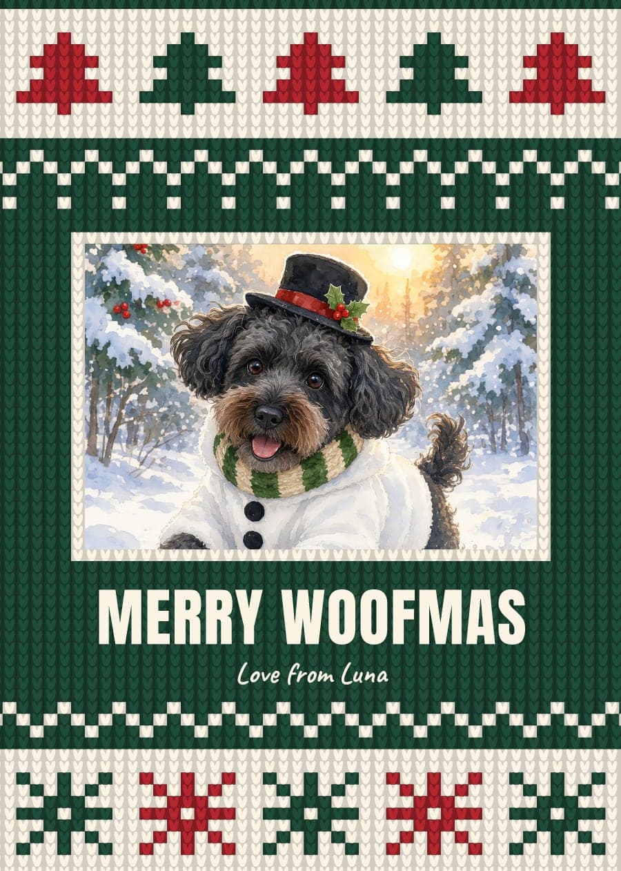 A knitted-jumper Christmas card saying Merry Woofmas, with a watercolour of a black dog dressed as a snowman
