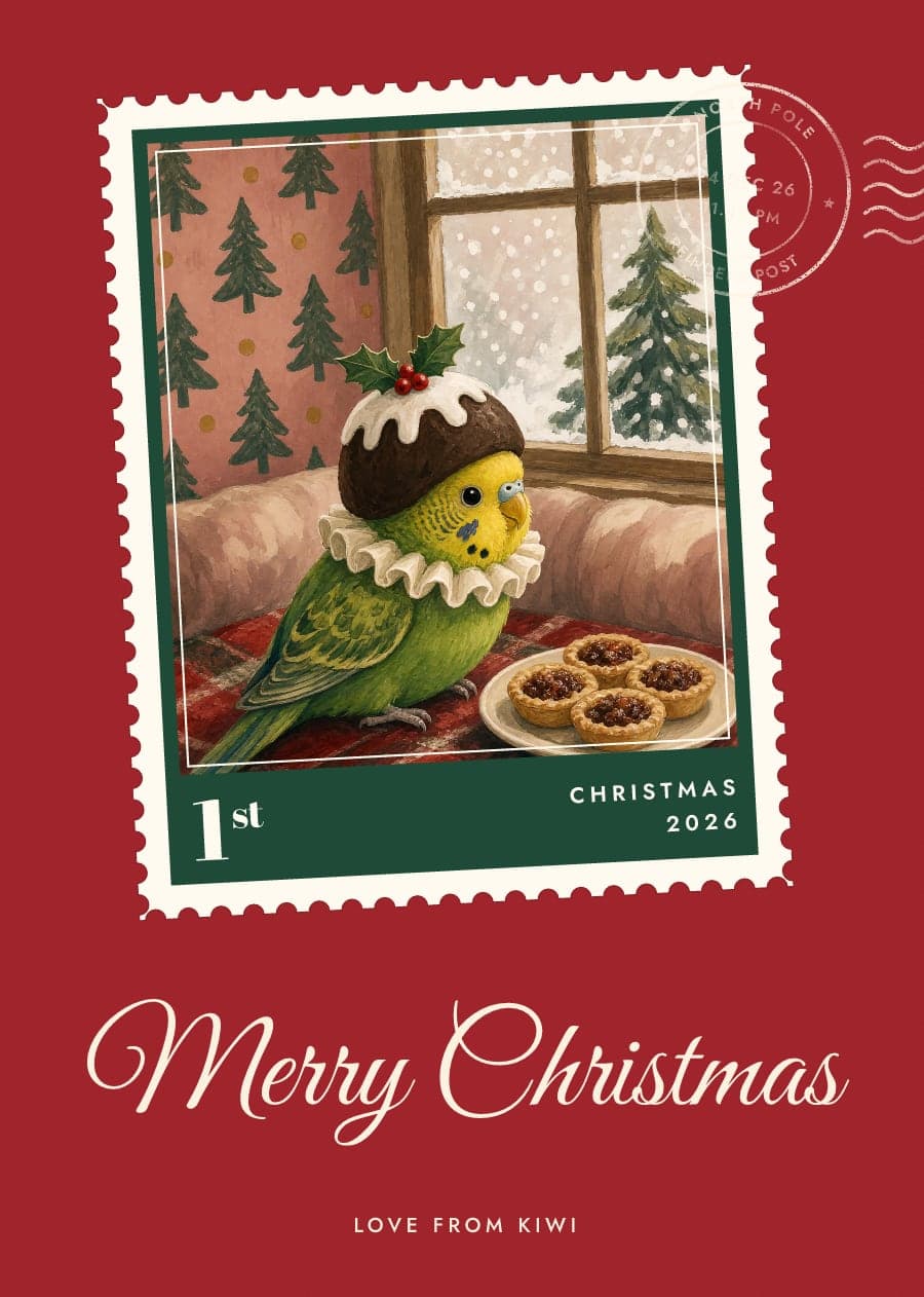 A red card with a storybook budgie in a Christmas pudding hat on a postage stamp