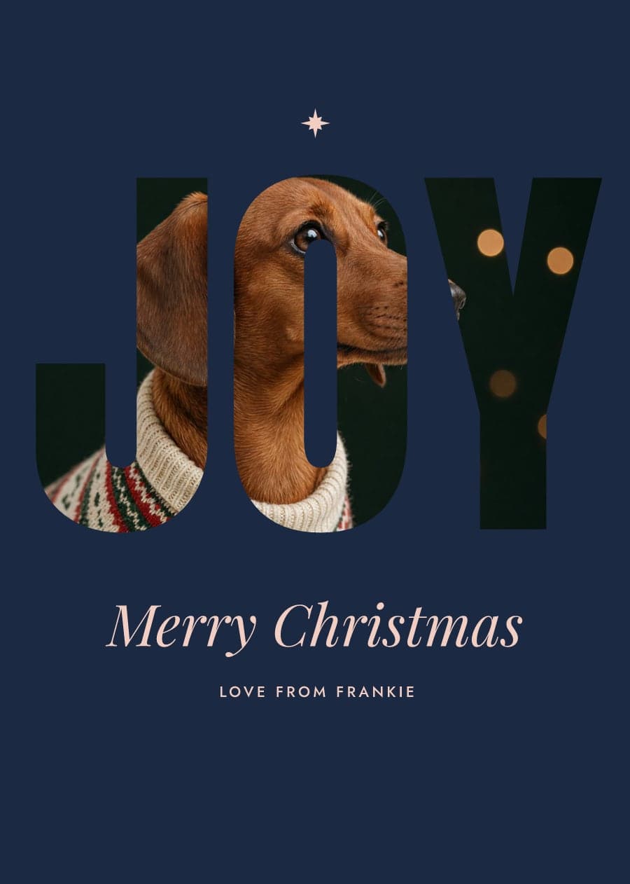 A navy card with a Dachshund in a Christmas jumper showing through giant letters spelling JOY