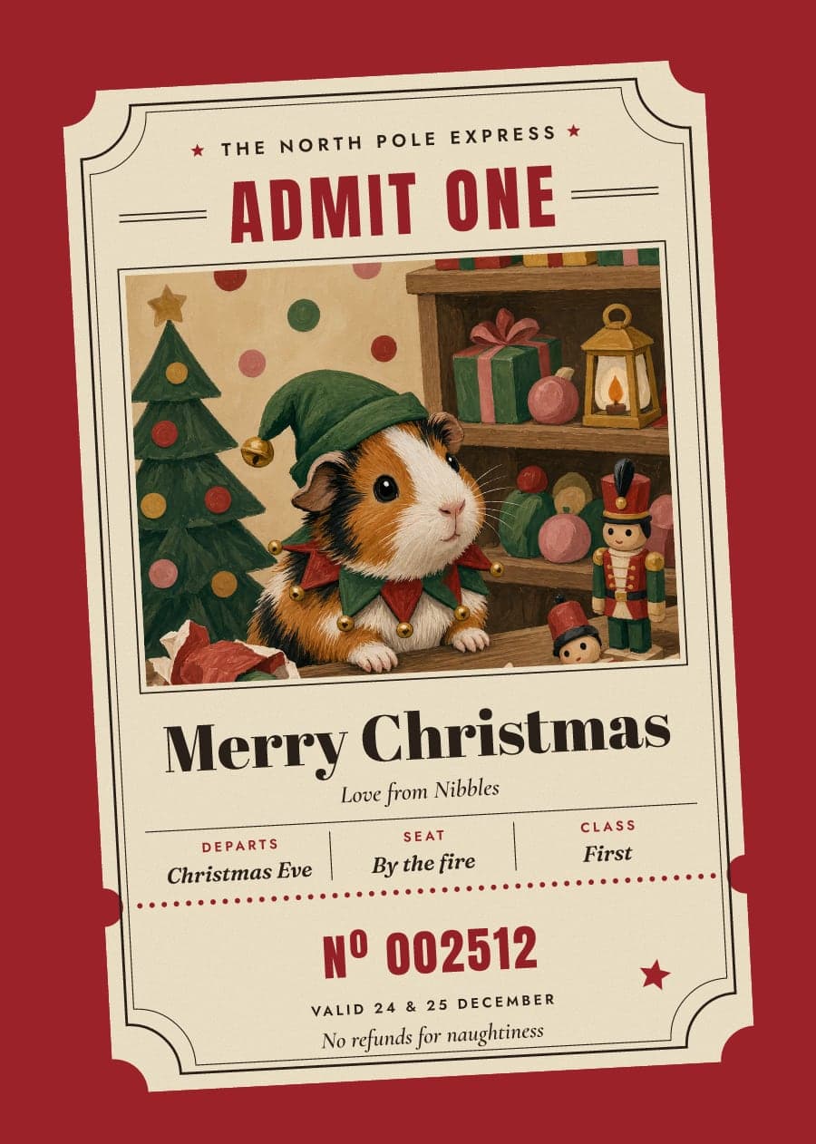 A vintage train ticket card with a guinea pig in an elf hat in Santa's workshop