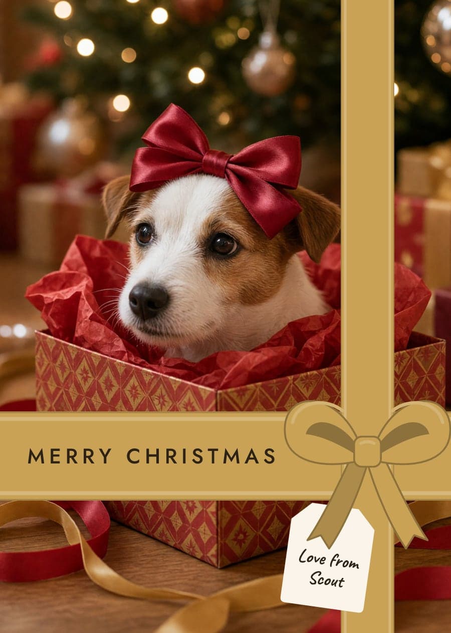 A card crossed with gold ribbon and a bow, showing a Jack Russell peeking out of a present