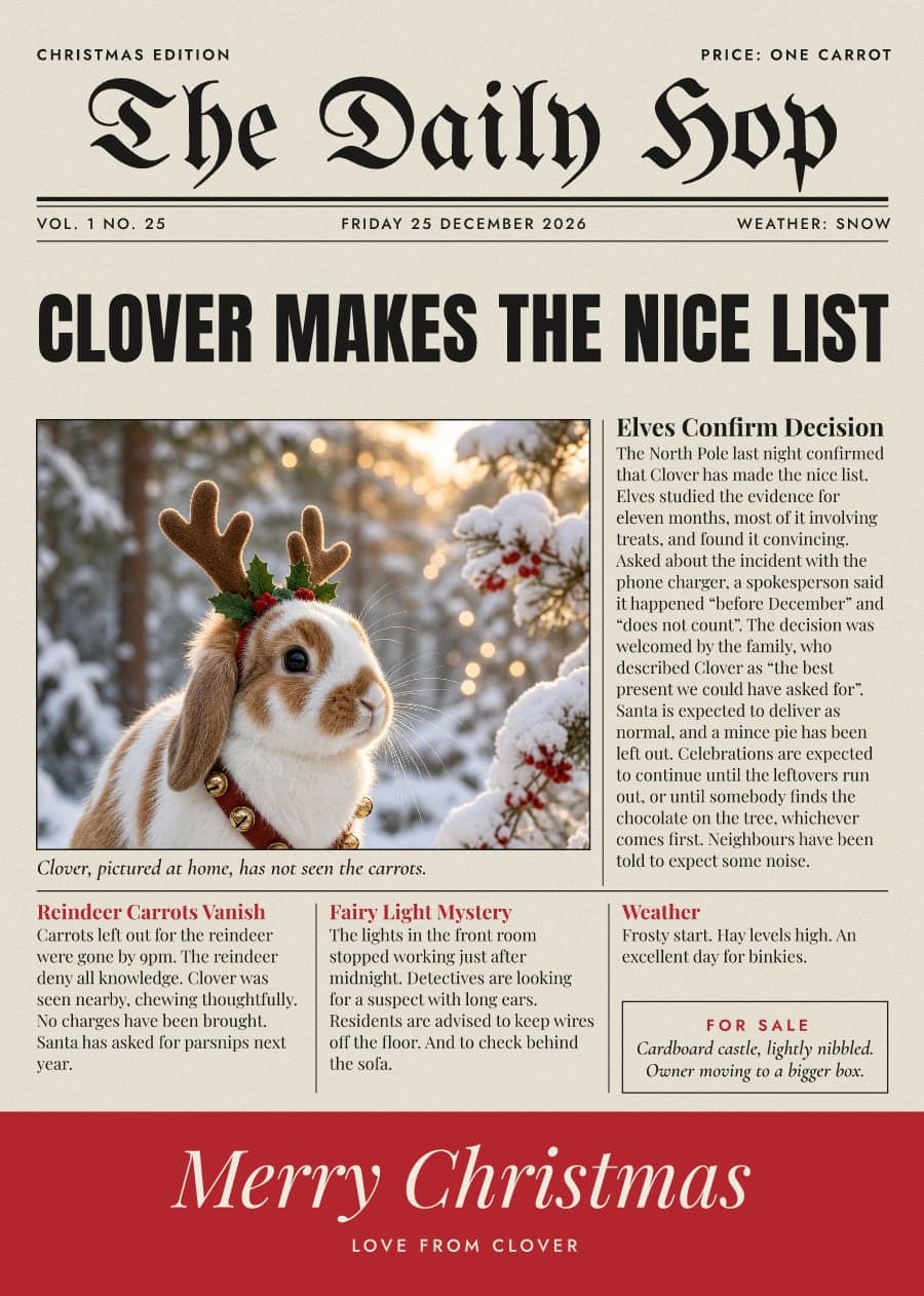 A newspaper-style card, The Daily Hop, with a rabbit in reindeer antlers